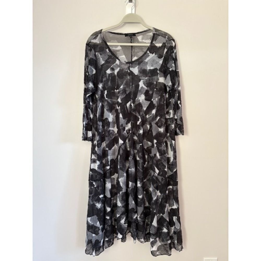 Comfy‎ USA Womens Mesh Midi Dress Abstract Brushstroke Print Gray Black Large